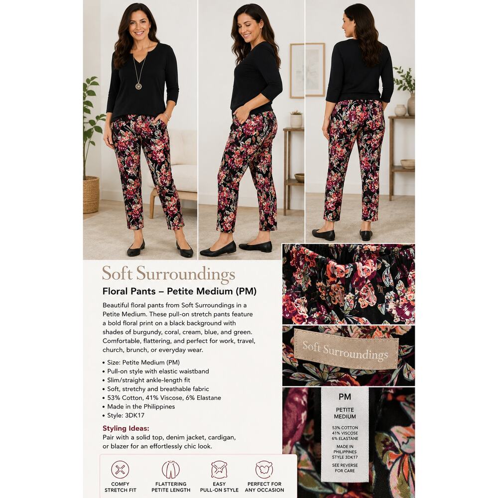 Soft Surroundings Floral Pants Petite Medium | Pull-On Stretch Ankle Pants